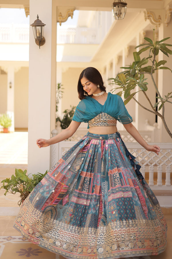 kyara's premium Russian Silk Rich Digital Printed With Foil Embroidery Work